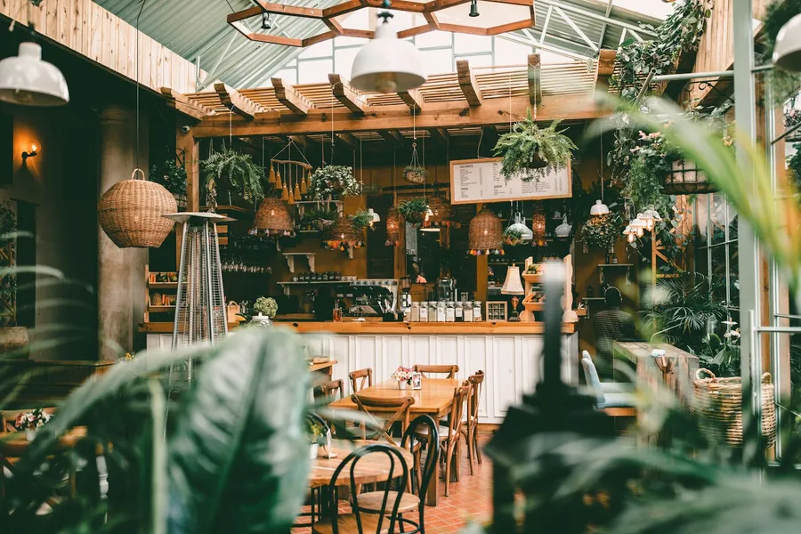 Warm, sunlit interior of Dreamlight Cafe with fresh coffee on a wooden table